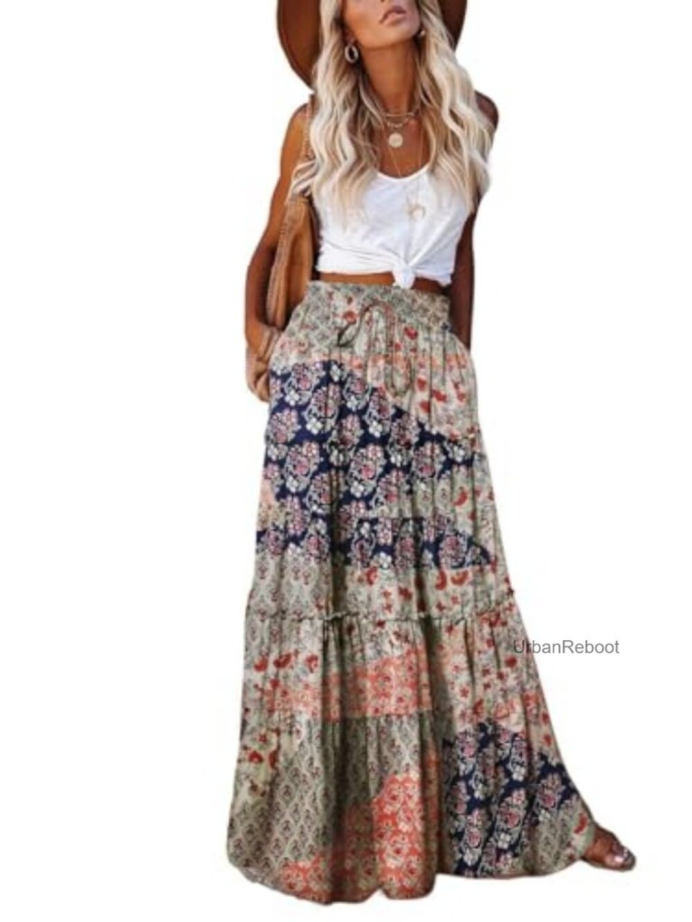 Boho Flowy Maxi Skirt with Pockets High Waist Pleated A-Line Summer Beach